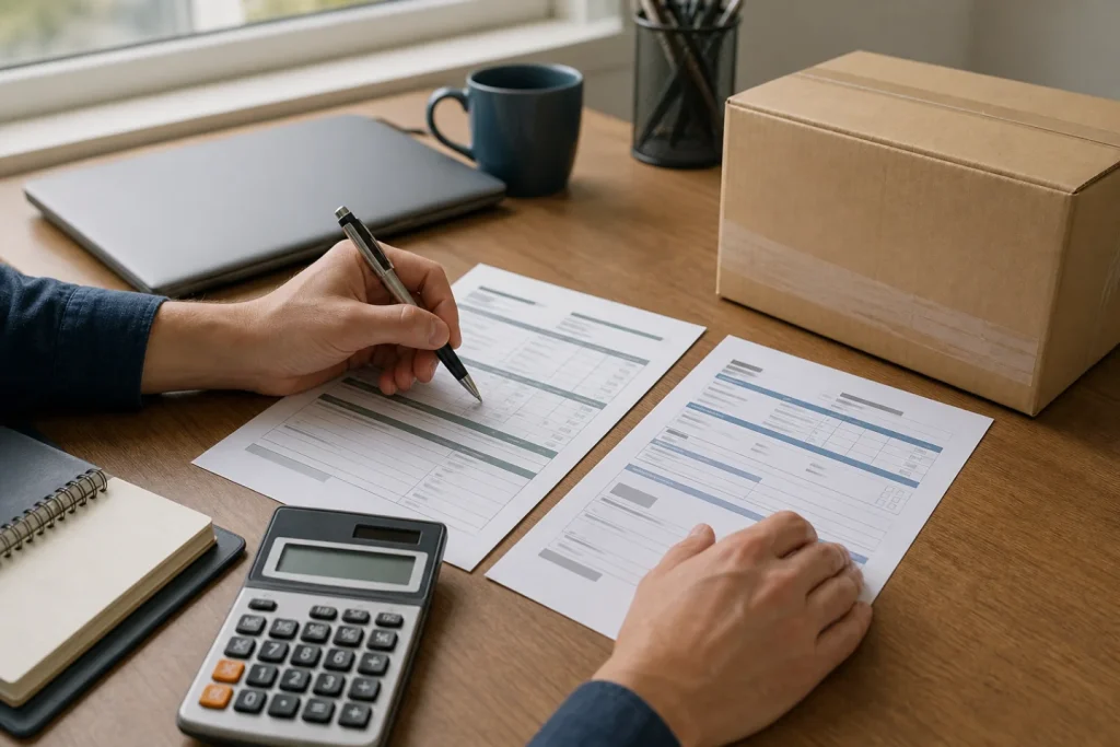 Importer cross-checking a DDP quote against customs and delivery documents before payment