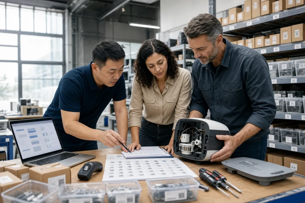 Distributor team reviewing warranty and spare-parts readiness in a local service warehouse