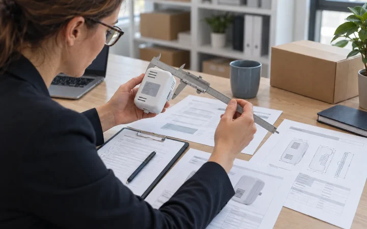 EU importer comparing an unbranded product model label with technical drawings, a checklist and supporting documents