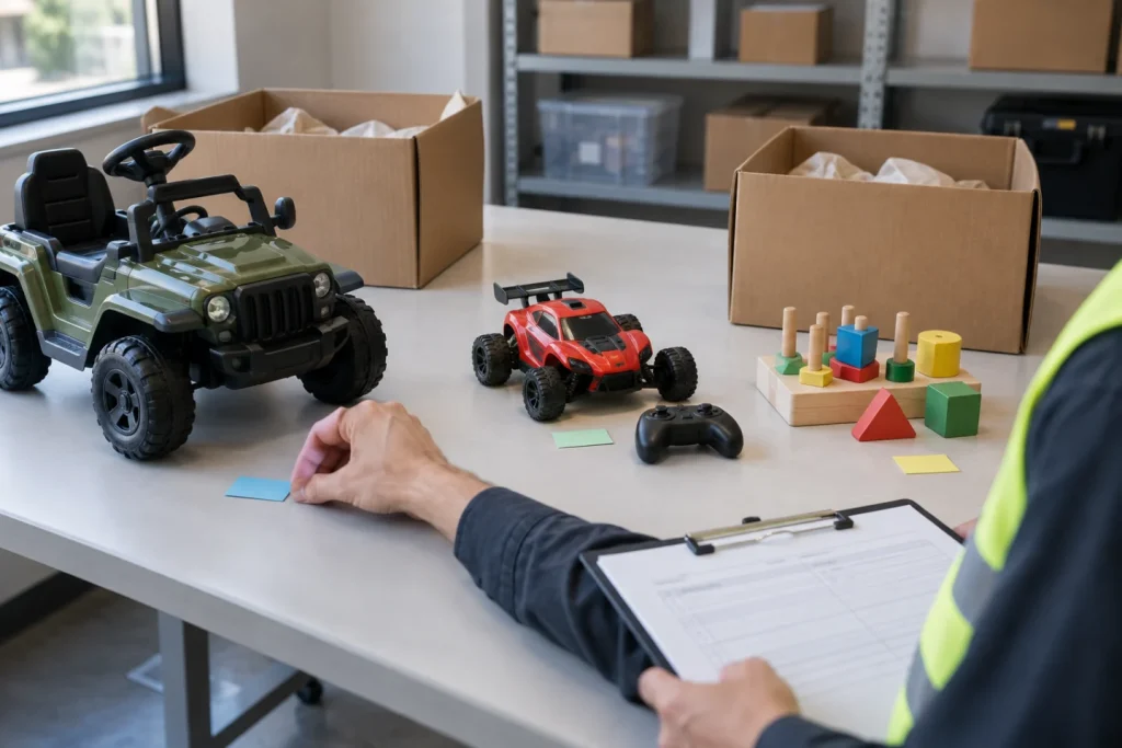 Toy samples and a worksheet used to review a mixed order by SKU.
