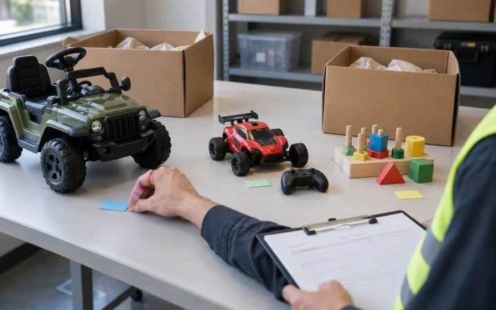 Toy samples and a worksheet used to review a mixed order by SKU.