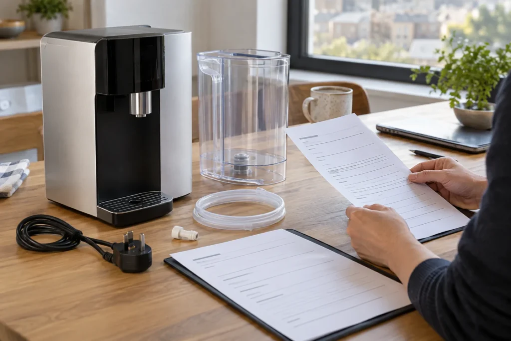 A countertop water appliance, water-contact components and a compliance scope worksheet.