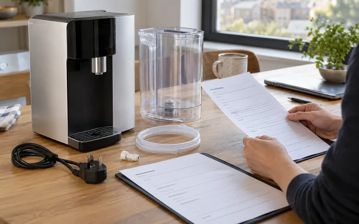 A countertop water appliance, water-contact components and a compliance scope worksheet.