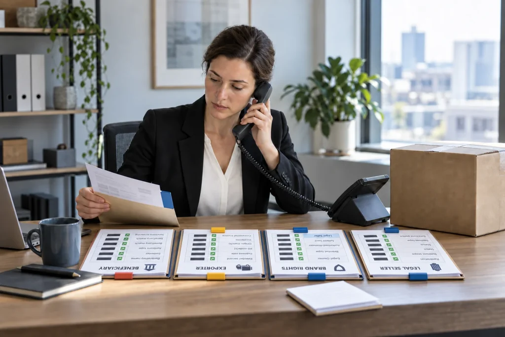 Importer comparing legal seller, brand authorization, exporter and bank beneficiary records before payment