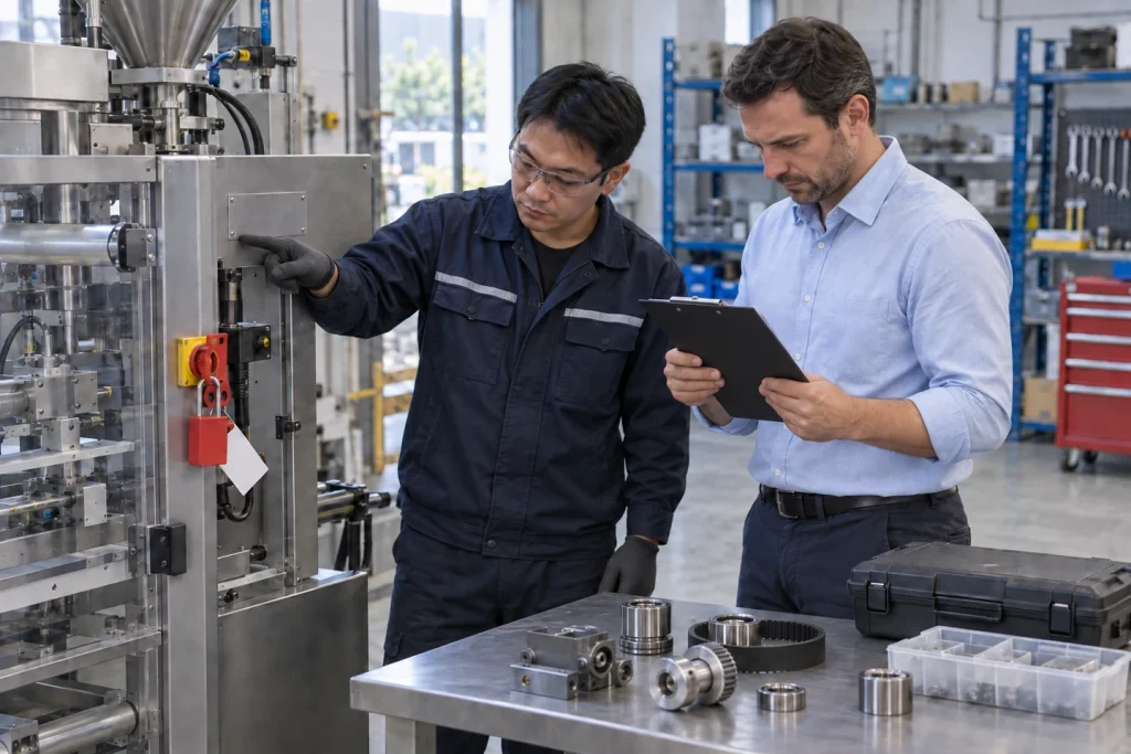 Técnico de assistência local a associar uma máquina sem marca a peças de substituição e a um procedimento de reparação antes da importação