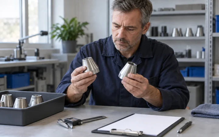 Quality manager comparing an approved reference with a repeat-order unit beside segregated rejected parts